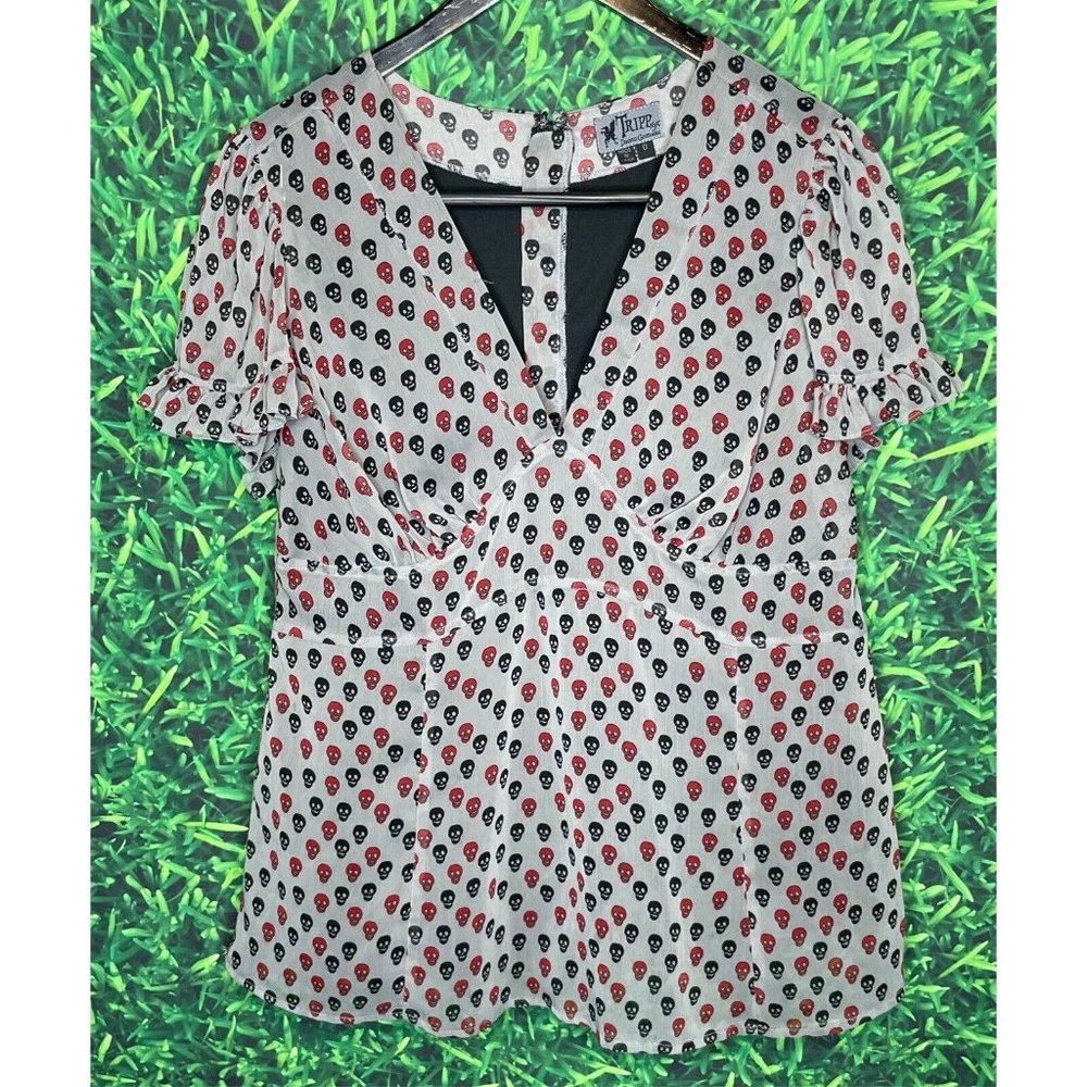 Tripp NYC Daang Goodman Skull Bones Gray Black Red Gothic Punk Blouse Top Large
